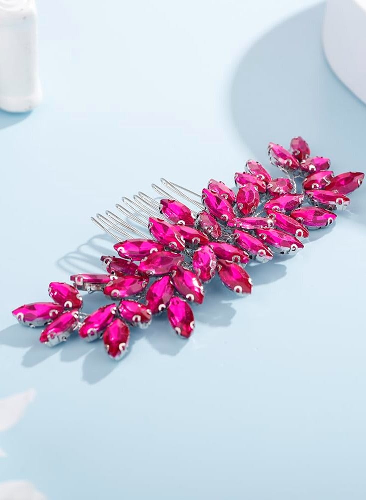 Rumtock Hot Pink Rhinestones Hair Comb for Women Girls Wedding Bridal Hair Piece Handmade Jewelry Banquet Prom (Hot Pink)  - Image 4