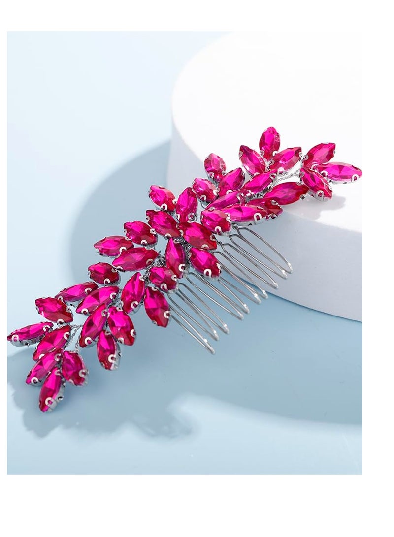 Rumtock Hot Pink Rhinestones Hair Comb for Women Girls Wedding Bridal Hair Piece Handmade Jewelry Banquet Prom (Hot Pink)  - Image 1
