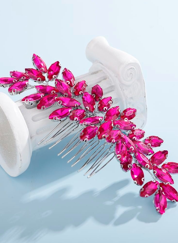 Rumtock Hot Pink Rhinestones Hair Comb for Women Girls Wedding Bridal Hair Piece Handmade Jewelry Banquet Prom (Hot Pink)  - Image 2