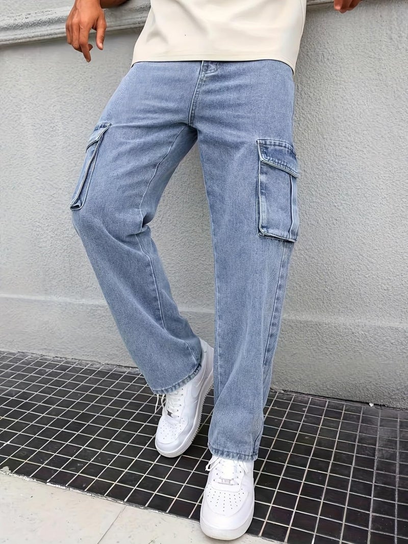 ADBUCKS Men Loose Fit Men's Flip Pocket Cargo || Men's Stylish Cotton Loose Fit Denim Cargo Jeans (in, Numeric, 34, Light Blue) - Image 2