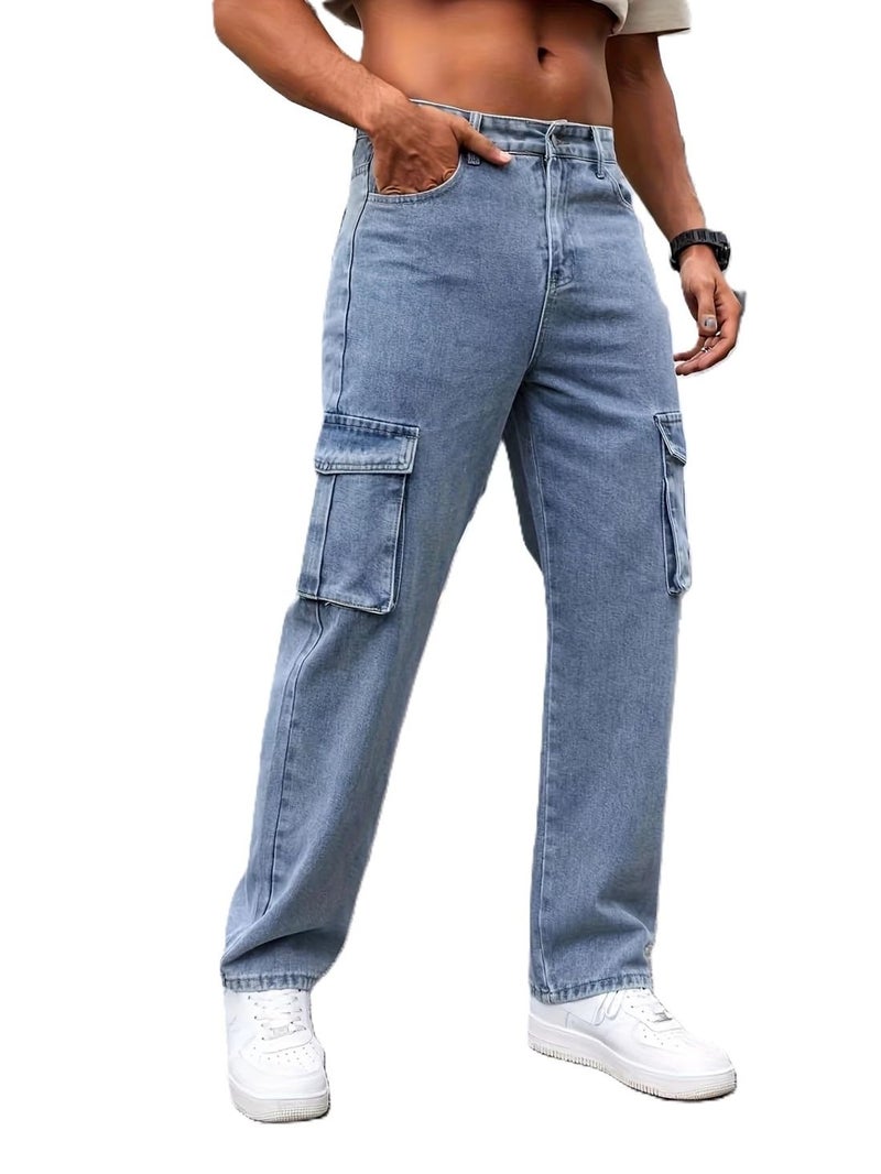 ADBUCKS Men Loose Fit Men's Flip Pocket Cargo || Men's Stylish Cotton Loose Fit Denim Cargo Jeans (in, Numeric, 34, Light Blue) - Image 1