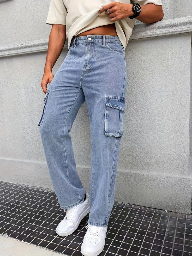 ADBUCKS Men Loose Fit Men's Flip Pocket Cargo || Men's Stylish Cotton Loose Fit Denim Cargo Jeans (in, Numeric, 34, Light Blue) - Image 3