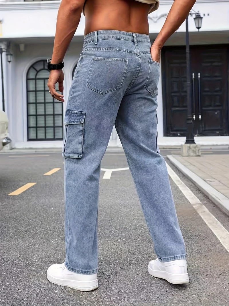 ADBUCKS Men Loose Fit Men's Flip Pocket Cargo || Men's Stylish Cotton Loose Fit Denim Cargo Jeans (in, Numeric, 34, Light Blue) - Image 4