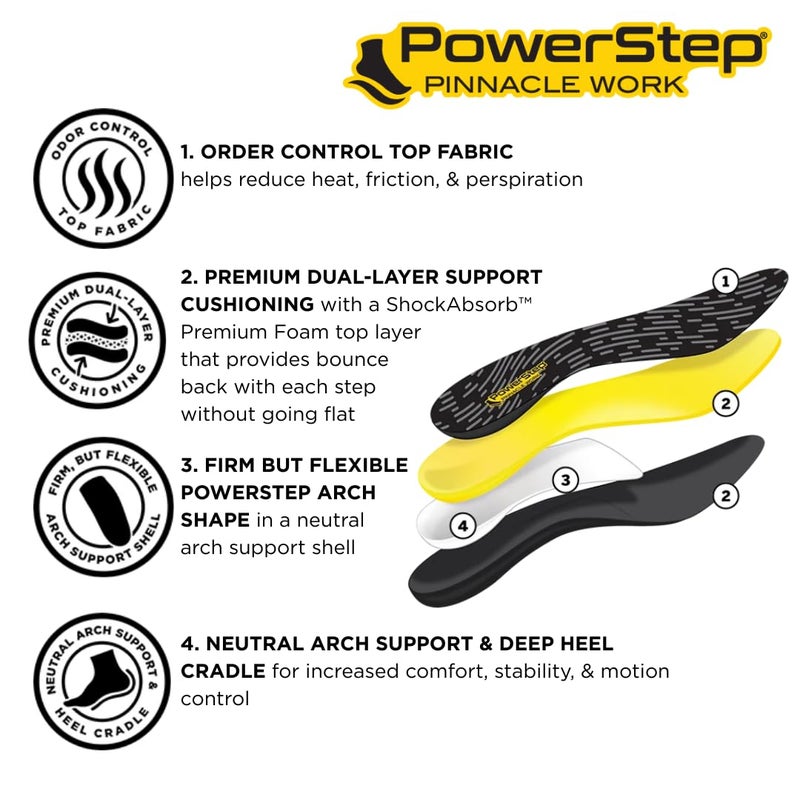 PowerStep Pinnacle Work Insoles, Work Boot Arch Support, Plantar Fasciitis Relief, Pronation, Arch Support Orthotic for Men and Women, Made in The USA (Men's 12-13) - Image 3