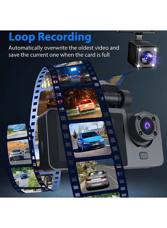 Triple Dash Cam 1080P Front/Rear/Interior, 3 Channel Car Camera With 32GB Card, IR Night Vision, 24/7 Parking Surveillance, G-Sensor, Loop Recording, For Cars, Trucks Battery Capacity 150mAh - Image 3