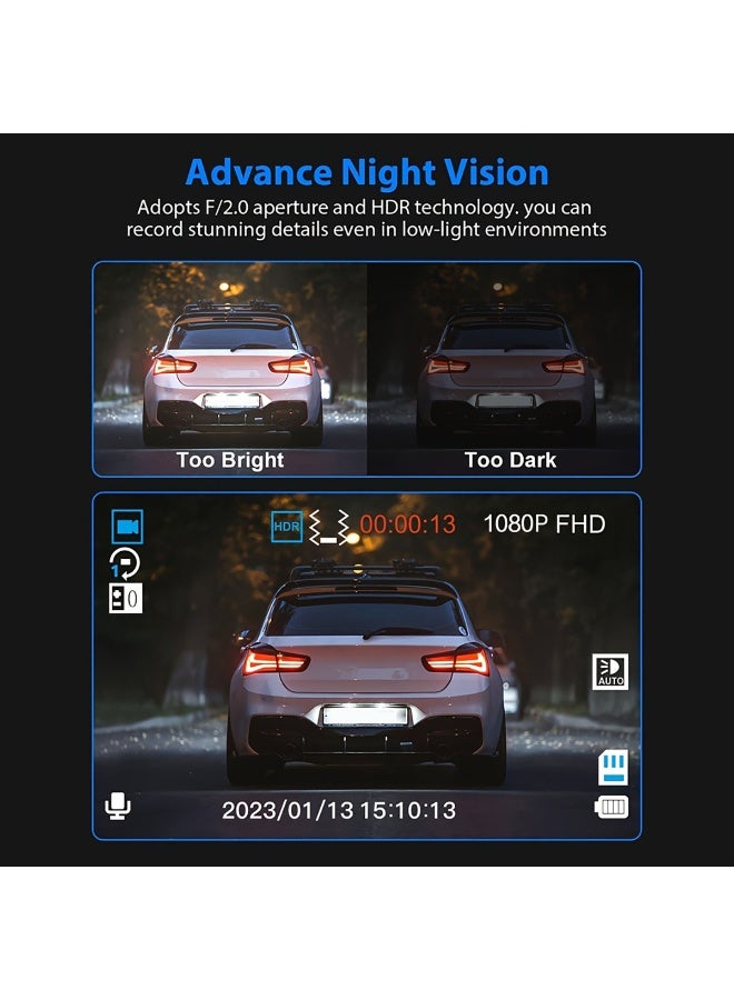 Triple Dash Cam 1080P Front/Rear/Interior, 3 Channel Car Camera With 32GB Card, IR Night Vision, 24/7 Parking Surveillance, G-Sensor, Loop Recording, For Cars, Trucks Battery Capacity 150mAh - Image 2