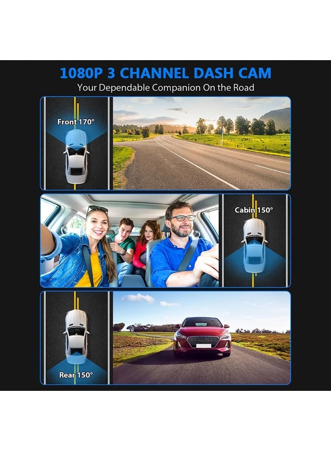 Triple Dash Cam 1080P Front/Rear/Interior, 3 Channel Car Camera With 32GB Card, IR Night Vision, 24/7 Parking Surveillance, G-Sensor, Loop Recording, For Cars, Trucks Battery Capacity 150mAh - Image 4
