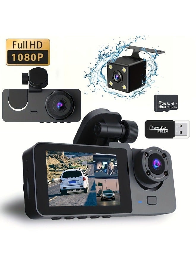 Triple Dash Cam 1080P Front/Rear/Interior, 3 Channel Car Camera With 32GB Card, IR Night Vision, 24/7 Parking Surveillance, G-Sensor, Loop Recording, For Cars, Trucks Battery Capacity 150mAh - Image 1