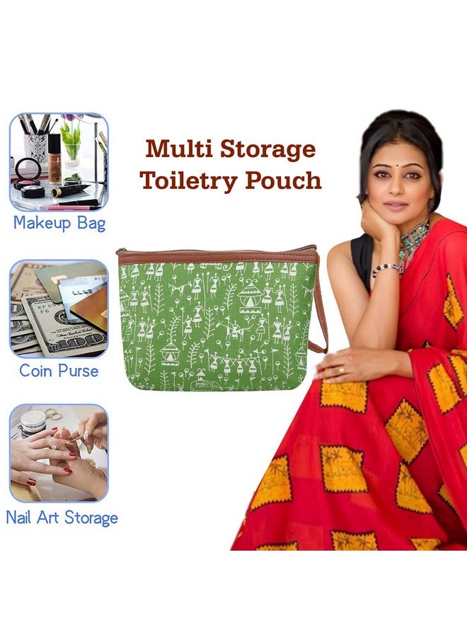 Kuber Industries Toiletry Pouch|Warli Print Travel Cosmetic Pouch|Canvas Waterproof Makeup Pouch with Handle|Pack of 2 (Green) - Image 5