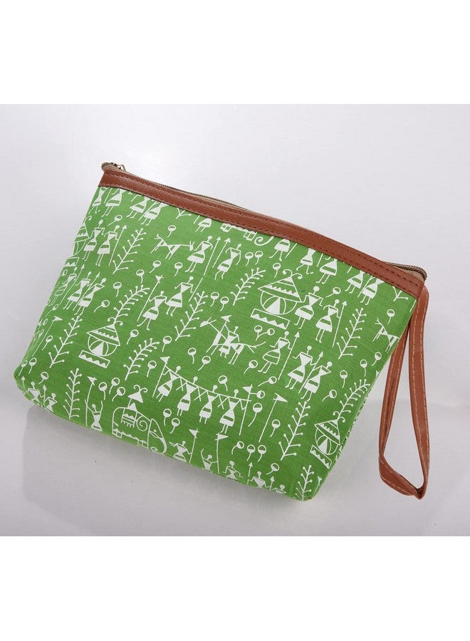 Kuber Industries Toiletry Pouch|Warli Print Travel Cosmetic Pouch|Canvas Waterproof Makeup Pouch with Handle|Pack of 2 (Green) - Image 2