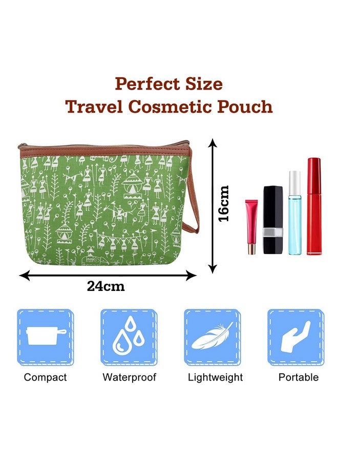 Kuber Industries Toiletry Pouch|Warli Print Travel Cosmetic Pouch|Canvas Waterproof Makeup Pouch with Handle|Pack of 2 (Green) - Image 3