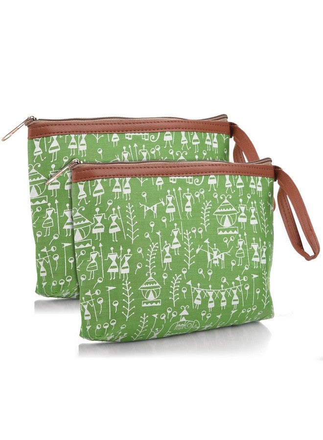 Kuber Industries Toiletry Pouch|Warli Print Travel Cosmetic Pouch|Canvas Waterproof Makeup Pouch with Handle|Pack of 2 (Green) - Image 1