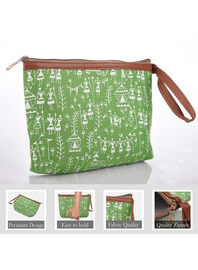 Kuber Industries Toiletry Pouch|Warli Print Travel Cosmetic Pouch|Canvas Waterproof Makeup Pouch with Handle|Pack of 2 (Green) - Image 4