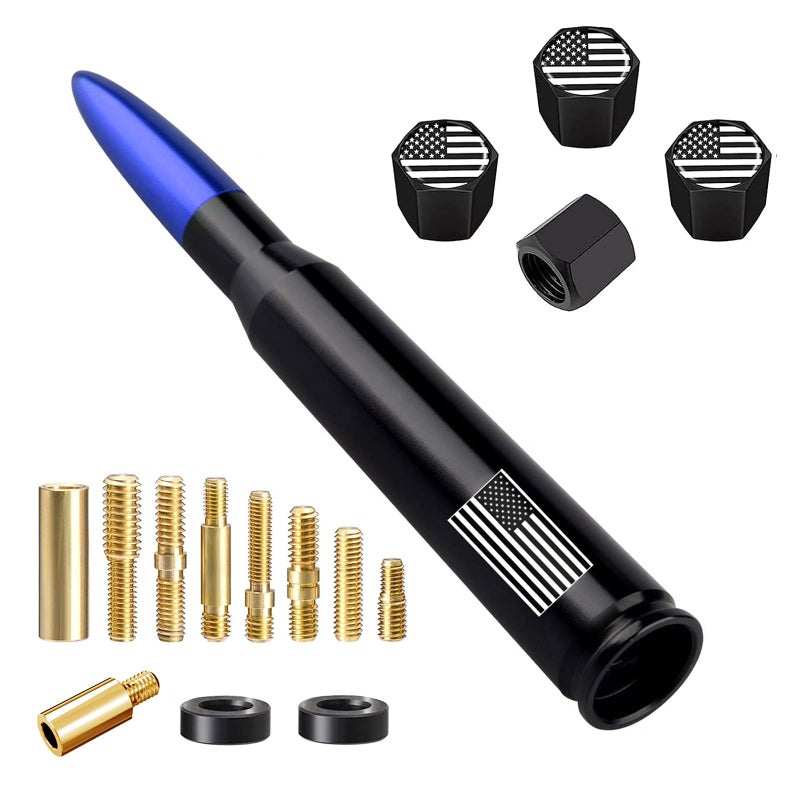 HVSTTPK Car Truck Bullet Antenna with Valve Stem Caps, Universal Antenna Mast for GM Chevy Silverado 1500 2500 3500 HD Avalanche Ford F150 F250 F350 Denali Heavy Duty Pickup Trucks Accessories (Blue) - Image 1
