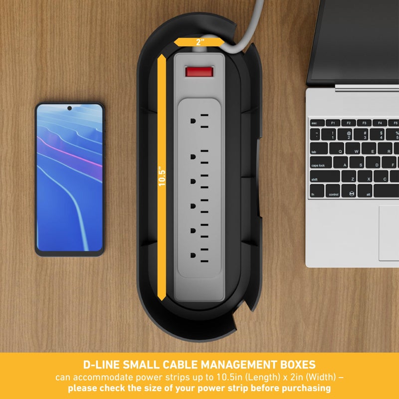 D-Line Cable Management Box, Power Strip Holder, Floor Outlet Hider, Desk Cord Organizer, Cover TV Wires, Wire Storage, Extension Hiders, Concealer for Office Cords, Baby Proof Cables - Small, Black - Image 2