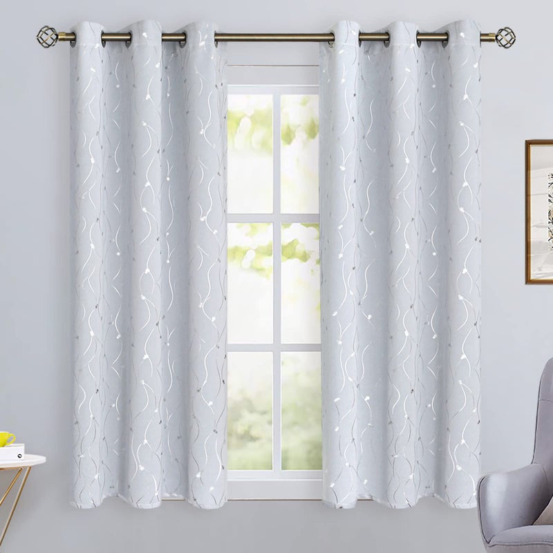 BGment بجلات بيضاء الستائر 45 بوصة الطول 2 لوحات grommet الغرفة المعزولة الحرارية معزول الستائر النافذة مع خط الموجة ونقاط مطبوعة لغرفة النوم 42 × 45 بوصة رمادية بيضاء - Image 2