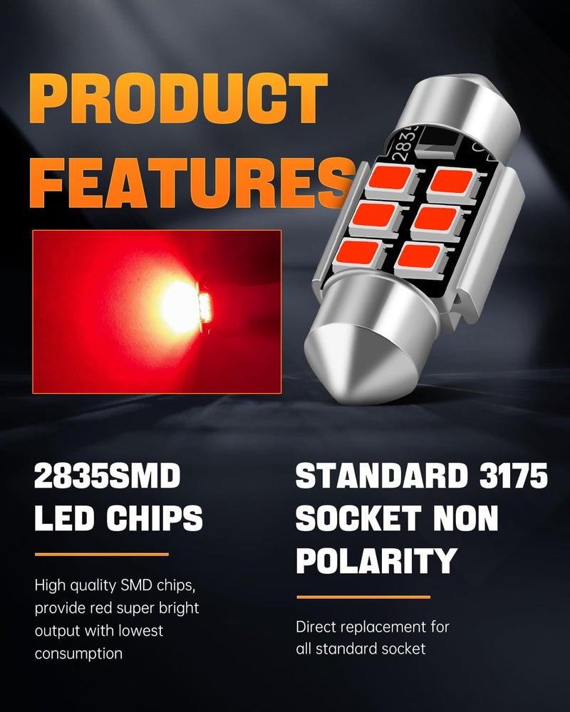 LUYED DE3175 LED Bulbs, Super Bright Red 2835 Chipsets Canbus Error Free 31mm 1.25" DE3021 DE3022 3175 6428 LED Bulbs for Car Interior Map Reading Dome Trunk Courtesy Lights,Pack of 2 - Image 2