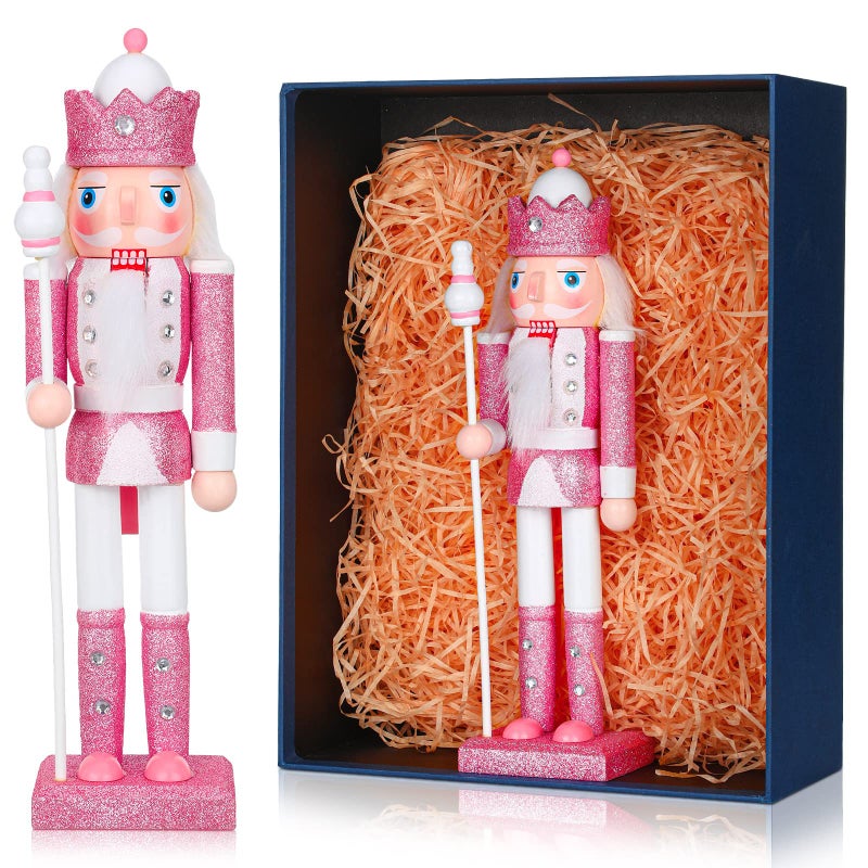 Hungdao 12 Inch Christmas Nutcrackers Decorations Pink Wooden King Cane Nutcracker Doll Festive Collectible Figures Christmas Ornament for Outdoor Party Xmas Gift