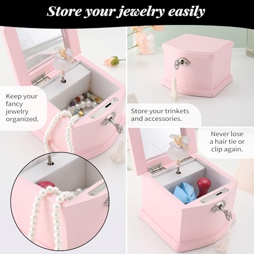 Jozen Gift Pink Small Ballerina Musical Jewelry Box with Mirror and Lock for Girls，Pink Kid's Jewelry Storage Music Chest,Gift for Christmas,New Year,Birthday - Image 5