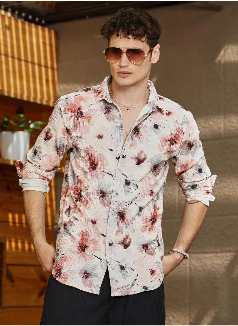 Campus Sutra Men's Off-White & Terracotta Brown Stained-Flora Shirt