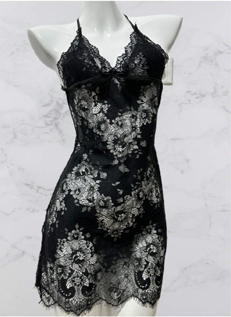 Joychic Women Comfortable Backless Lace Detail Breathable Nightdress Black for All Seasons 