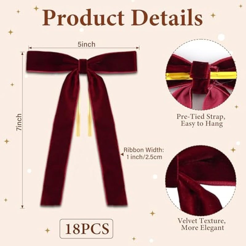 Arabest 18 Pcs Burgundy Velvet Bows for  Tree – Burgundy Velvet  Tree Bows, Holiday Decorations for Garland Wreath Bow (5 * 7, 1 Wide) - Image 3