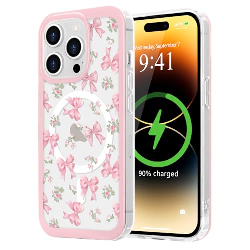 LCHULLE Magnetic for iPhone 14 Pro Max Case Cute Pink Bows Compatible with Magsafe Clear Ribbon Bowknot Pattern for Women Girls Hard Back Cover Shockproof Phone Case for iPhone 14 Pro Max Rose Bows - Image 1