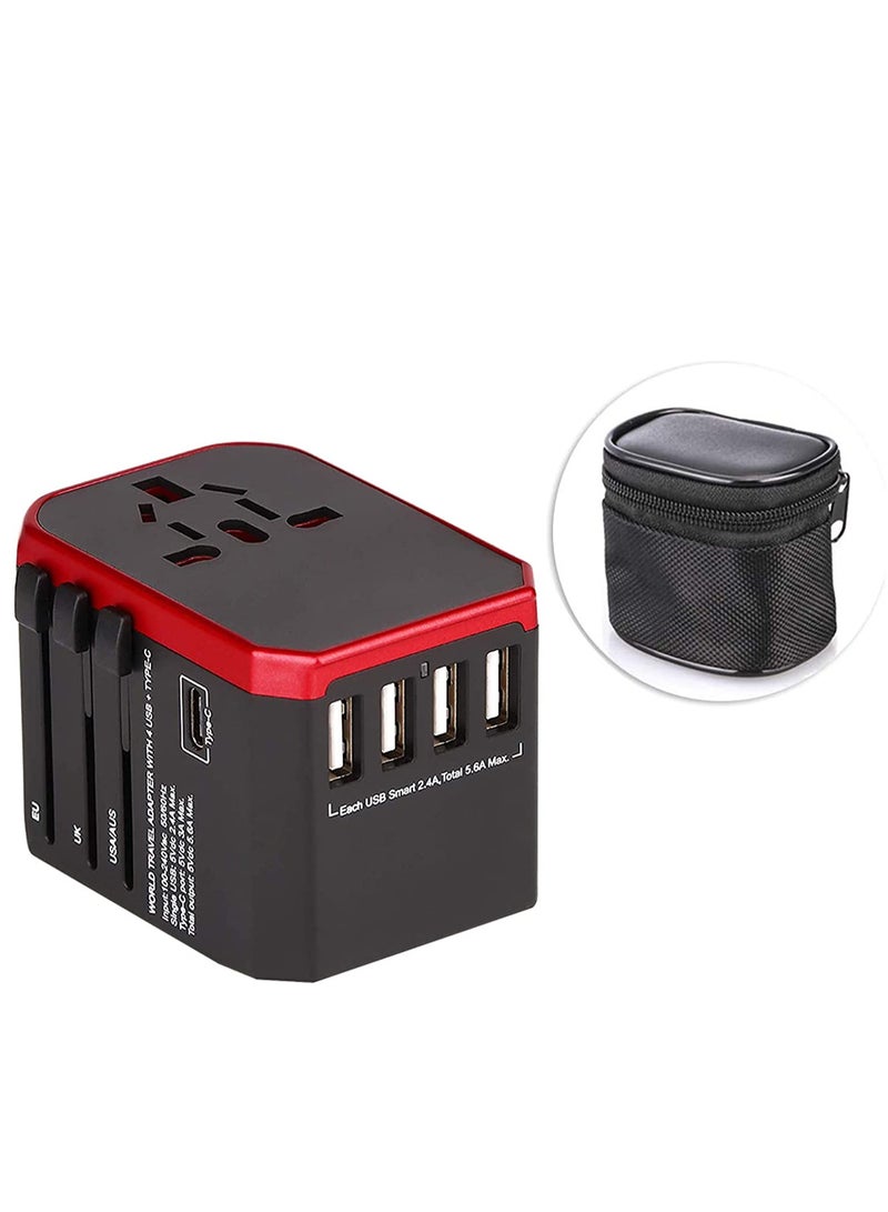 محول السفر العالمي One International Wall Charger AC Plug مع 5.6A Smart Power و 3.0A USB Type-C للولايات المتحدة الأمريكية والاتحاد الأوروبي والمملكة المتحدة وأستراليا الأحمر - Image 1