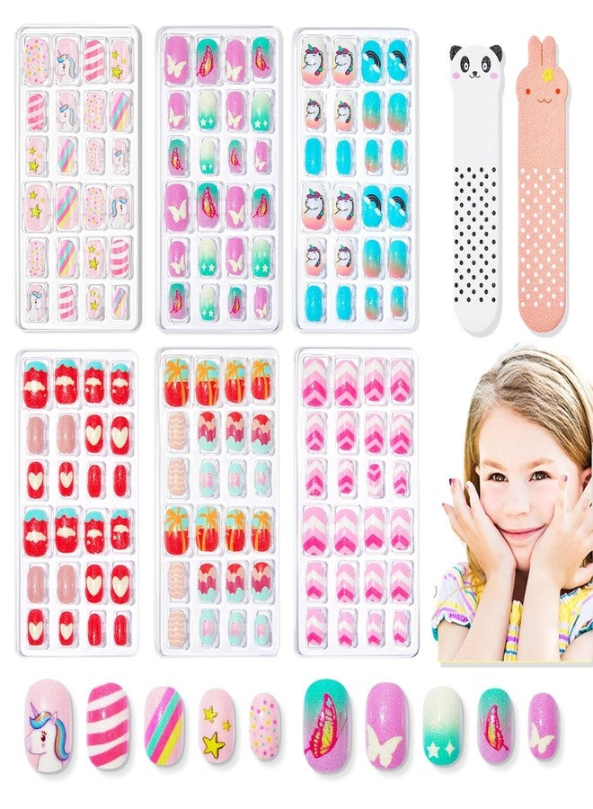 Modelones Press on Nails for Kids 144Pcs from BELLE GAGA® 6 Pack Children Acrylic Fake Nails Pre-glue Full Cover Glitter Gradient Color Butterfly Unicorn Short False Nail Art Kits Sets Easter Gifts for Kids Girls - Image 2