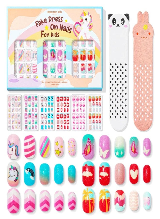 Modelones Press on Nails for Kids 144Pcs from BELLE GAGA® 6 Pack Children Acrylic Fake Nails Pre-glue Full Cover Glitter Gradient Color Butterfly Unicorn Short False Nail Art Kits Sets Easter Gifts for Kids Girls - Image 1
