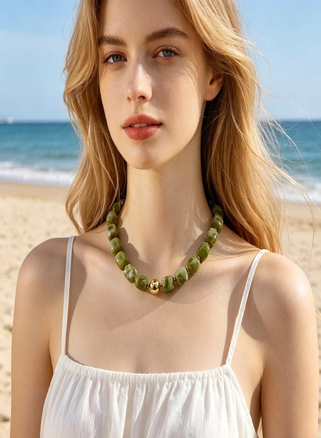 GAOKOXI Chunky Beaded Necklace for Women Boho Lime Green Statement Choker Necklaces Summer Beach Resin Jewelry Accessories - Image 4