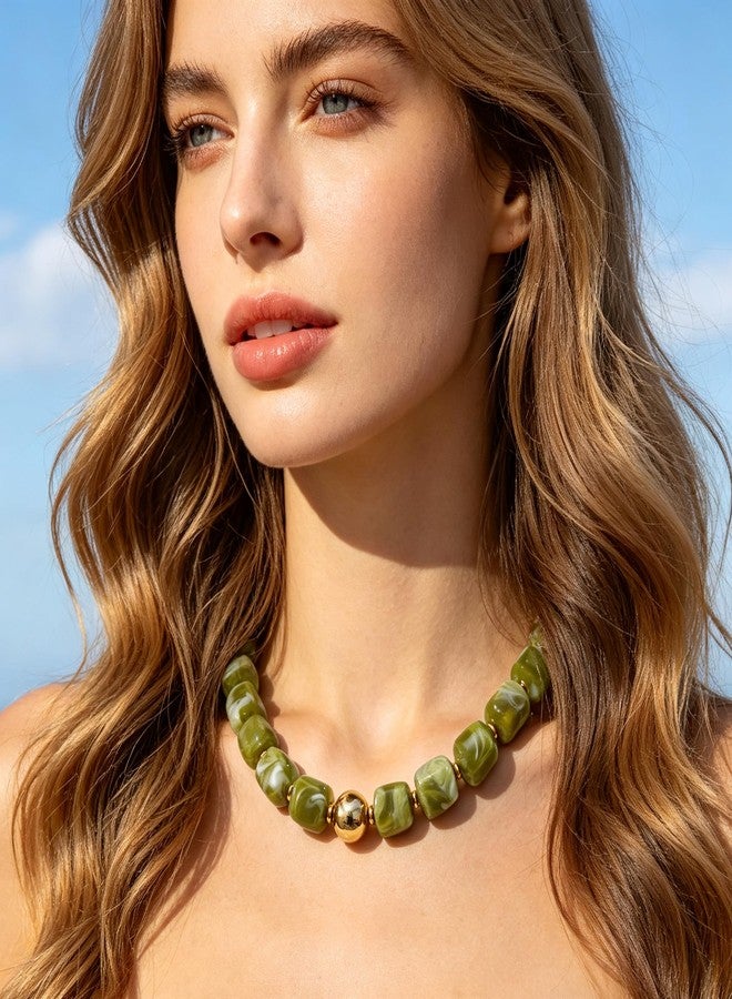GAOKOXI Chunky Beaded Necklace for Women Boho Lime Green Statement Choker Necklaces Summer Beach Resin Jewelry Accessories - Image 2