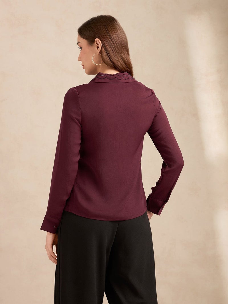 OUTZIDR Wine Regular Satin Shirt With Embellished Collar - Image 5