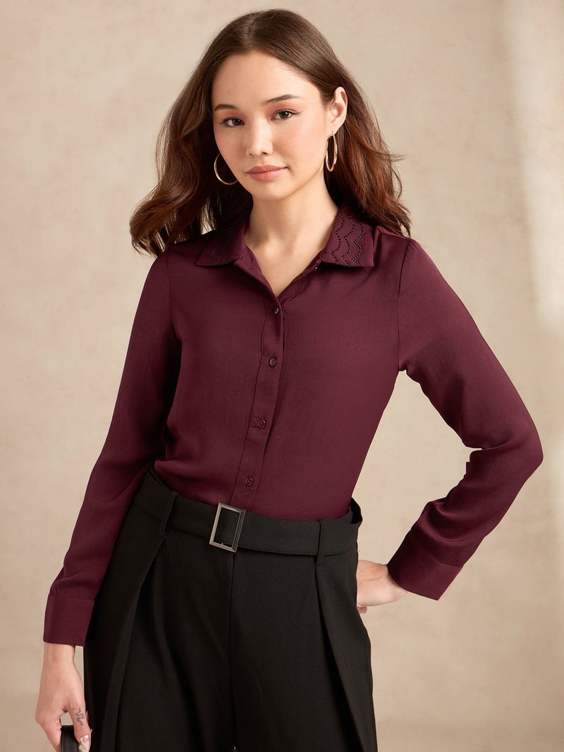 OUTZIDR Wine Regular Satin Shirt With Embellished Collar - Image 1
