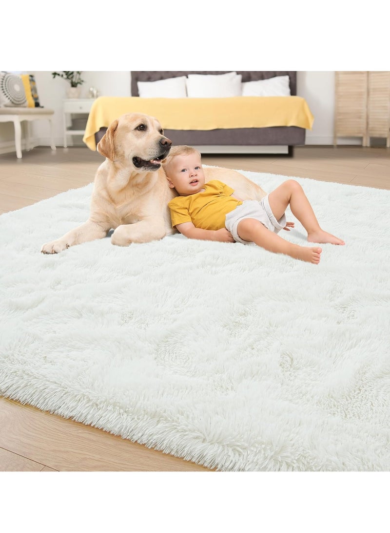 Shag Area Rug For Living Room, Tie-Dyed Light Grey Soft Fuzzy Plush Indoor Carpets For Bedroom, Non Skid Fluffy Faux Fur Rug For Room(160*200cm Pure White - Image 3