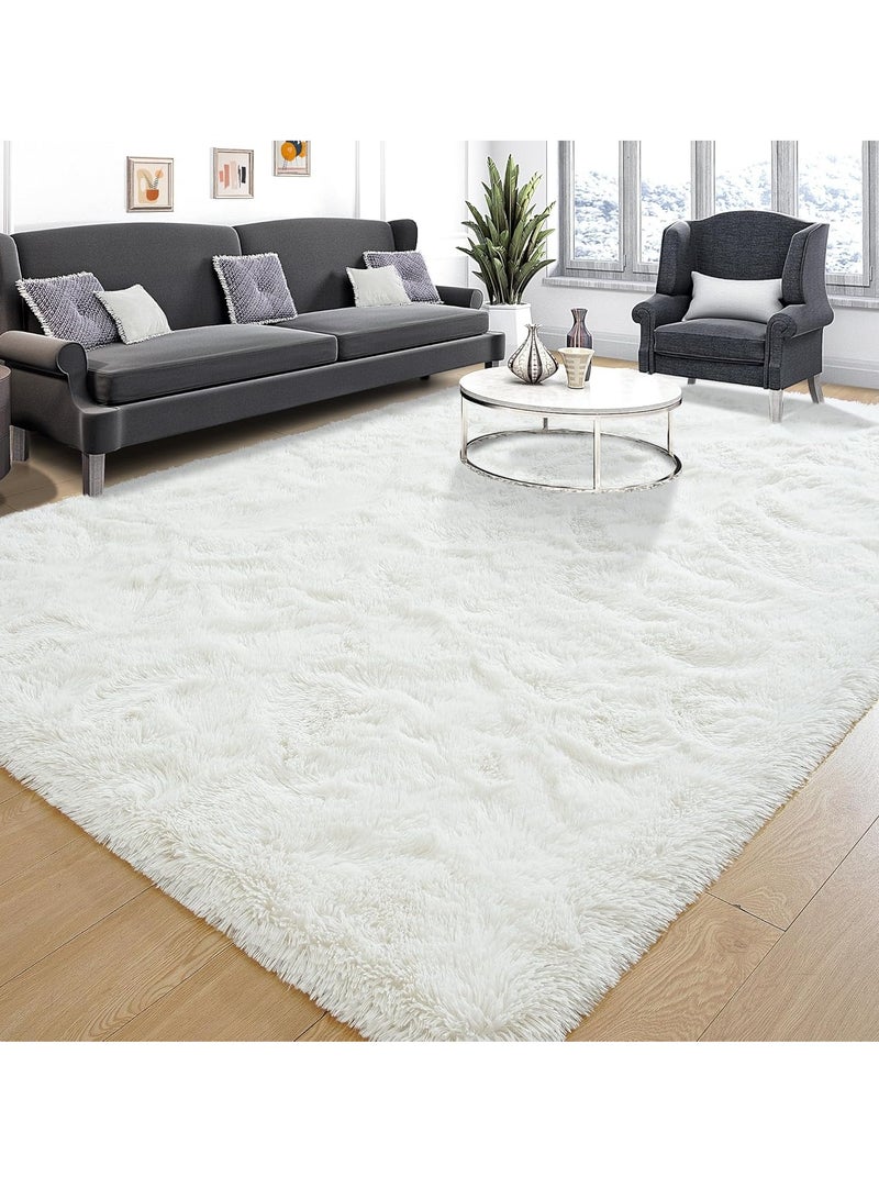 Shag Area Rug For Living Room, Tie-Dyed Light Grey Soft Fuzzy Plush Indoor Carpets For Bedroom, Non Skid Fluffy Faux Fur Rug For Room(160*200cm Pure White - Image 1