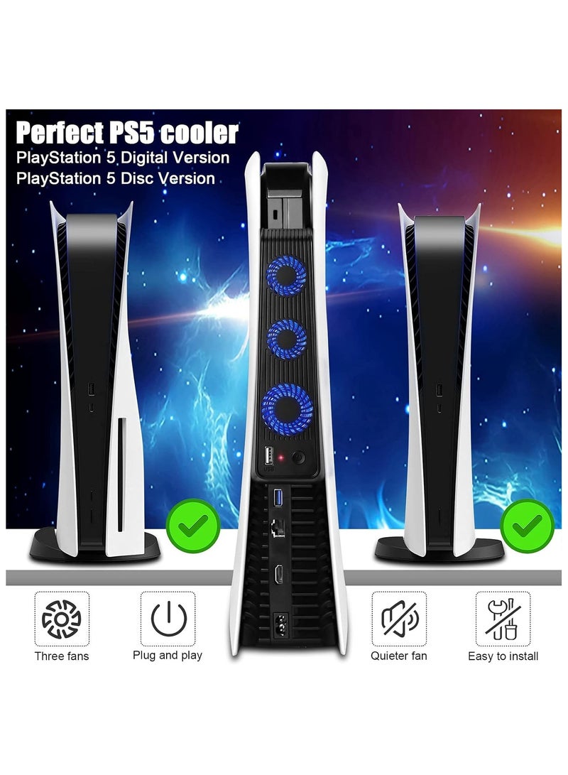 Playstation 5 Cooling Fan with LED light and USB port, Strong and Silent Exhaust with 3 Fans for PS5 Disc and Digital Edition, Self-Starting and Quiet Mode - Image 3