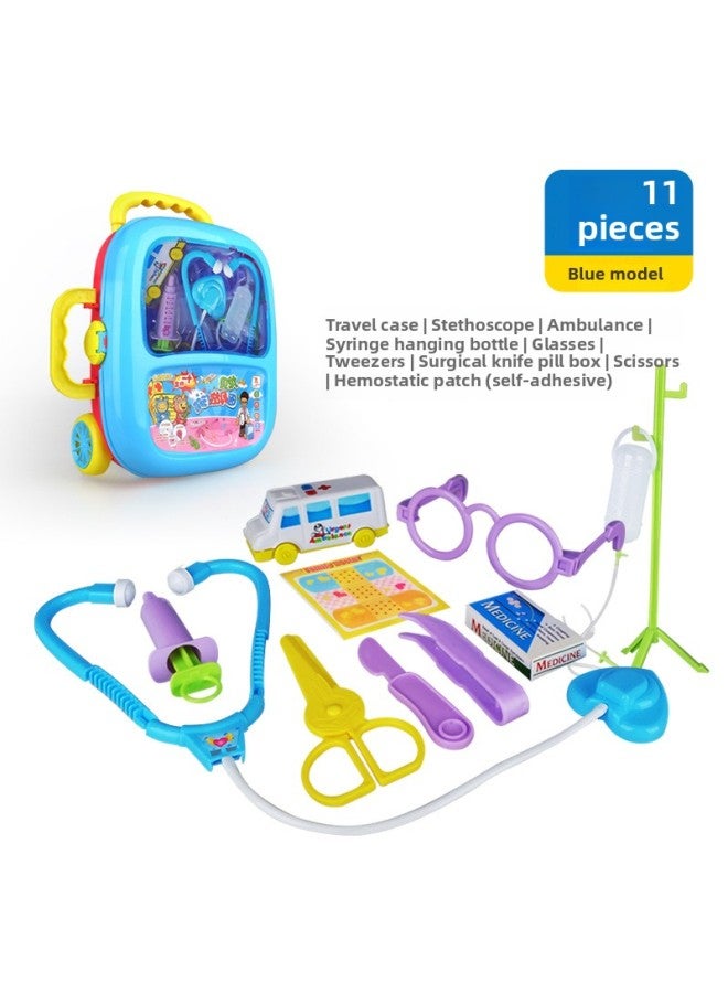 Children's Doctor Toy Trolley Case Set Boys And Girls Play House Simulation Medical Tools Travel Suit Sound And Light Toys Cross-Border-Color:528A Blue 11-piece Set (no Function) - Image 1