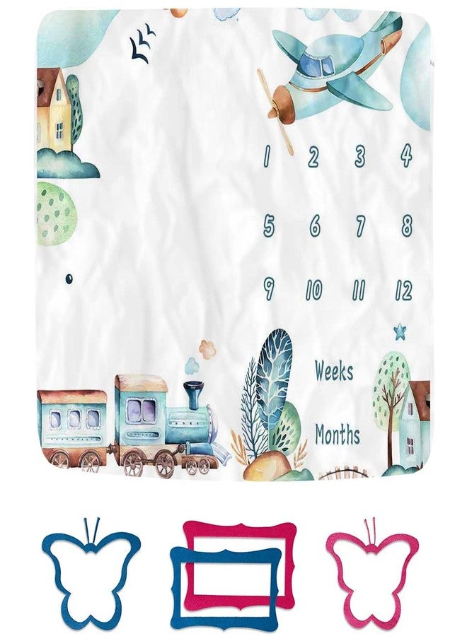 FHZON Airplane and Train Baby Monthly Milestone Blanket for Boy Baby Blanket with Month Marker Frame 48x48in 1-12 Months Milestones for Baby Showers and Newborn BTYHFH043 - Image 1