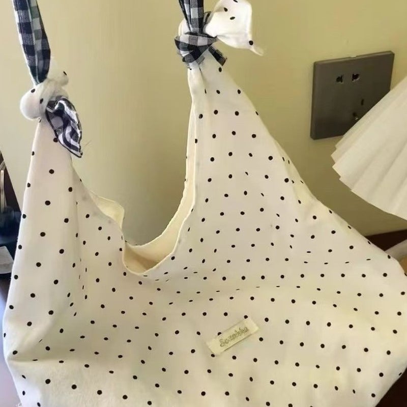 Canvas Shoulder Bag with Polka Dot Pattern - Image 3
