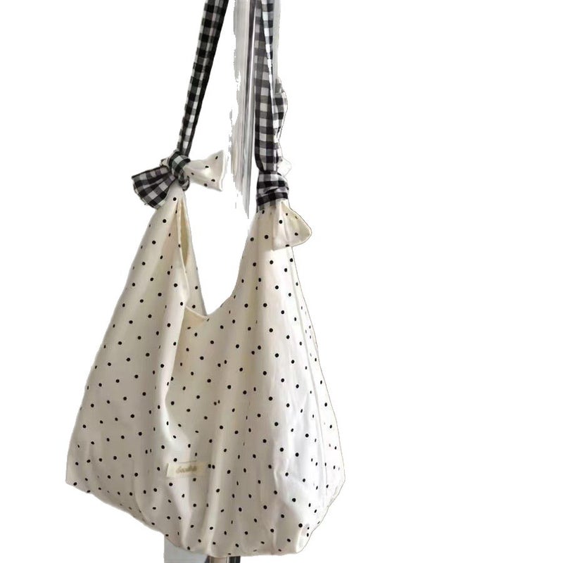 Canvas Shoulder Bag with Polka Dot Pattern - Image 4