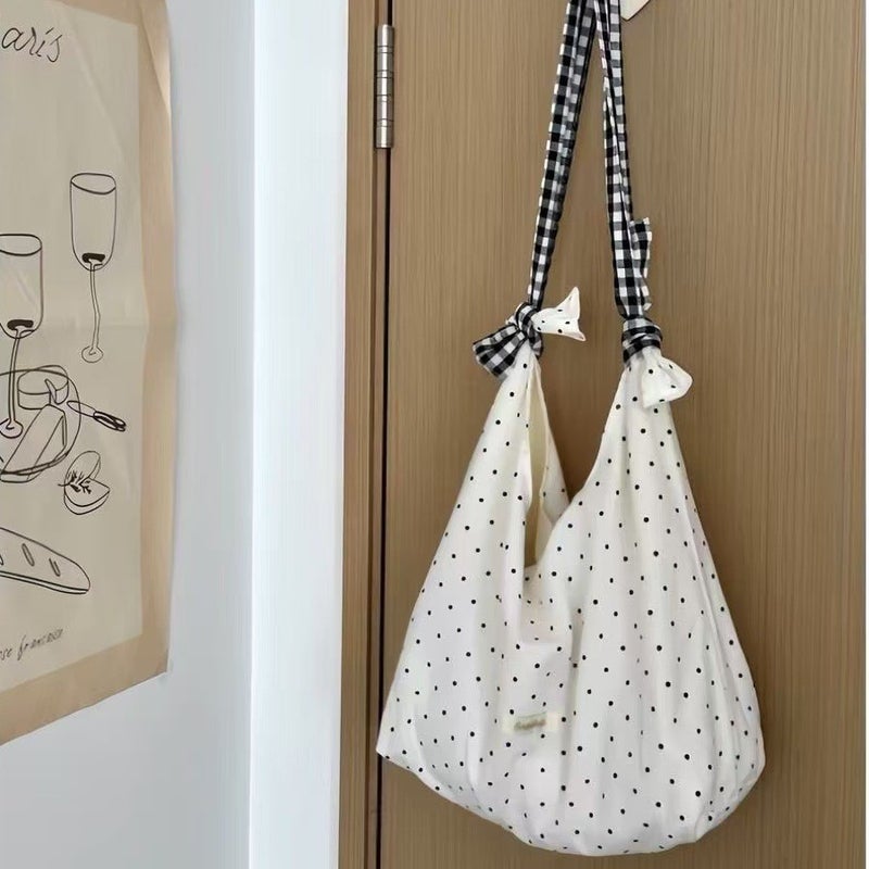 Canvas Shoulder Bag with Polka Dot Pattern - Image 1