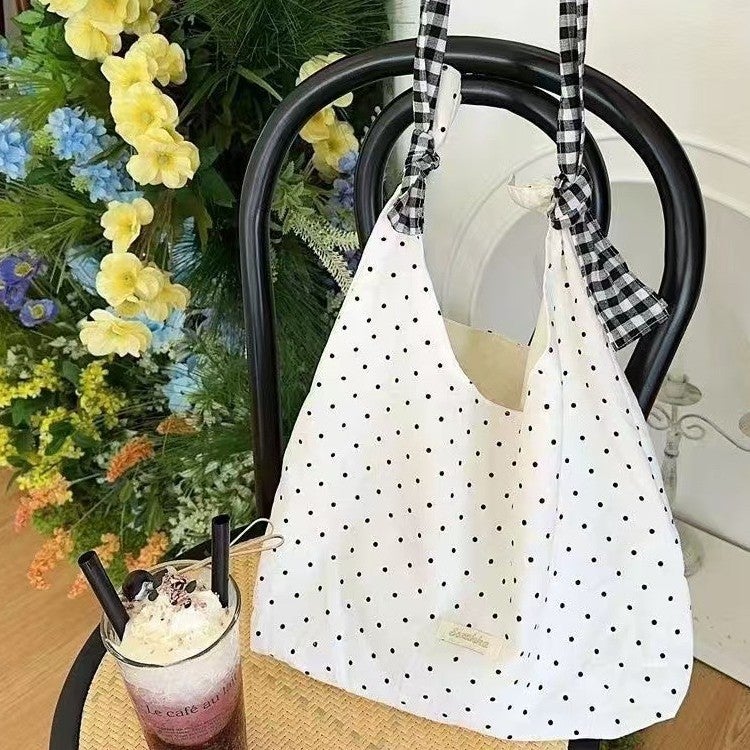 Canvas Shoulder Bag with Polka Dot Pattern - Image 2
