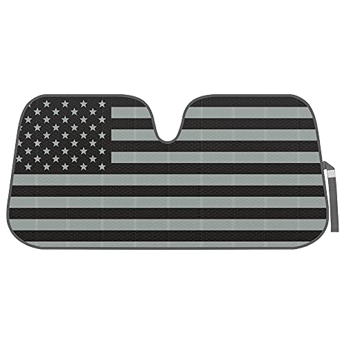 BDK USA 4th of July American Flag Black Curved Accordion Sun Visor for Car Windshield Cover - Truck Window Shades Car Flag & Sun Visor for Truck Windshield Sunshade - 58 x 27 inches - Image 1