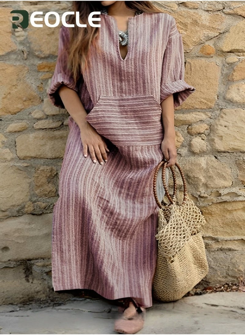 REOCLE Long-sleeved Striped Dress New Cotton and Linen Yarn-dyed Striped Loose Long Dress Long-sleeved Design V-neck Design - Image 2