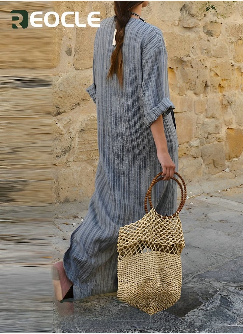 REOCLE Long-sleeved Striped Dress New Cotton and Linen Yarn-dyed Striped Loose Long Dress Long-sleeved Design V-neck Design - Image 5