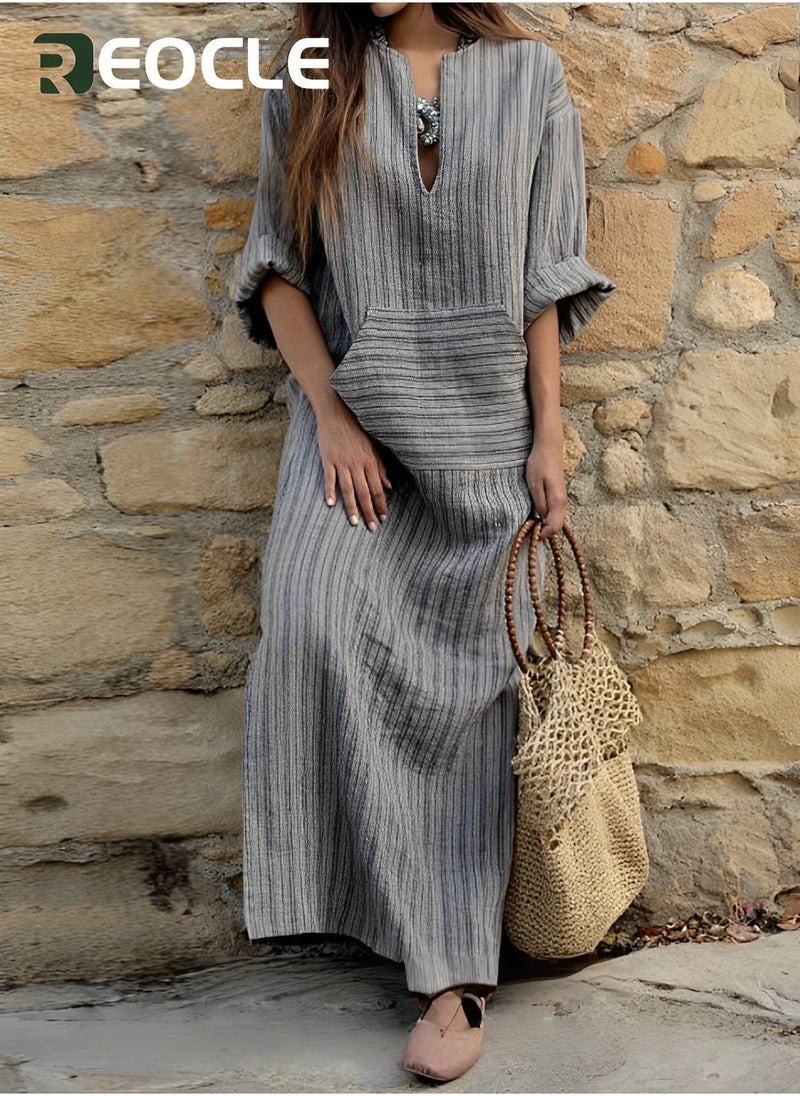 REOCLE Long-sleeved Striped Dress New Cotton and Linen Yarn-dyed Striped Loose Long Dress Long-sleeved Design V-neck Design - Image 4