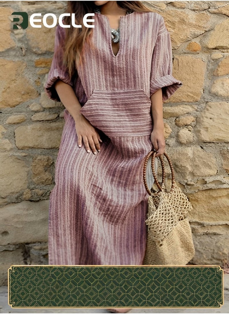 REOCLE Long-sleeved Striped Dress New Cotton and Linen Yarn-dyed Striped Loose Long Dress Long-sleeved Design V-neck Design - Image 1