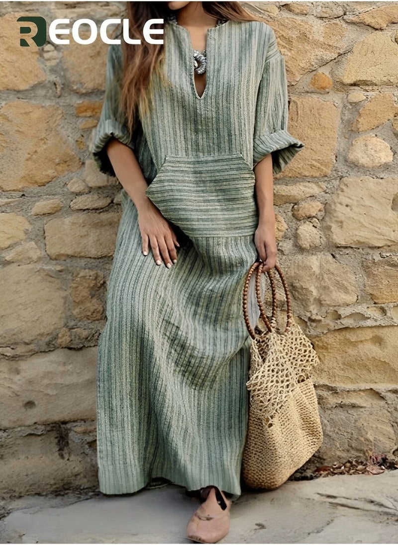 REOCLE Long-sleeved Striped Dress New Cotton and Linen Yarn-dyed Striped Loose Long Dress Long-sleeved Design V-neck Design - Image 3