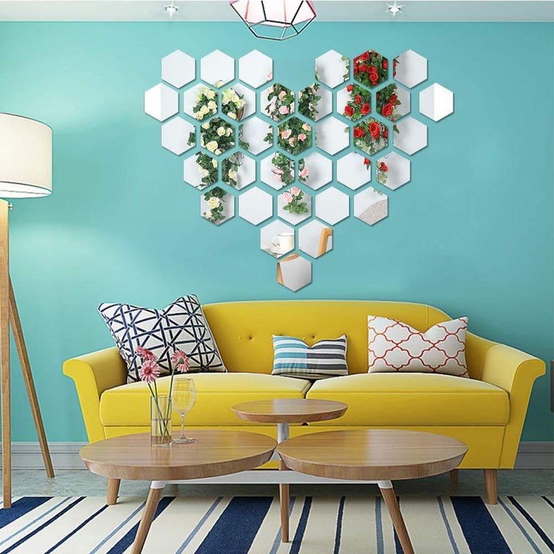 KimDaro 3D Hexagon Acrylic Mirror Wall Decor  Self Adhesive Tiles 30 PCS